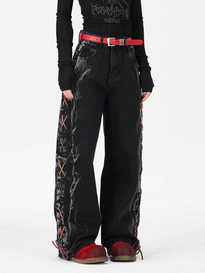 Retro Colorful Lace-Up Side Panel Spray-Washed Wide Leg Jeans 