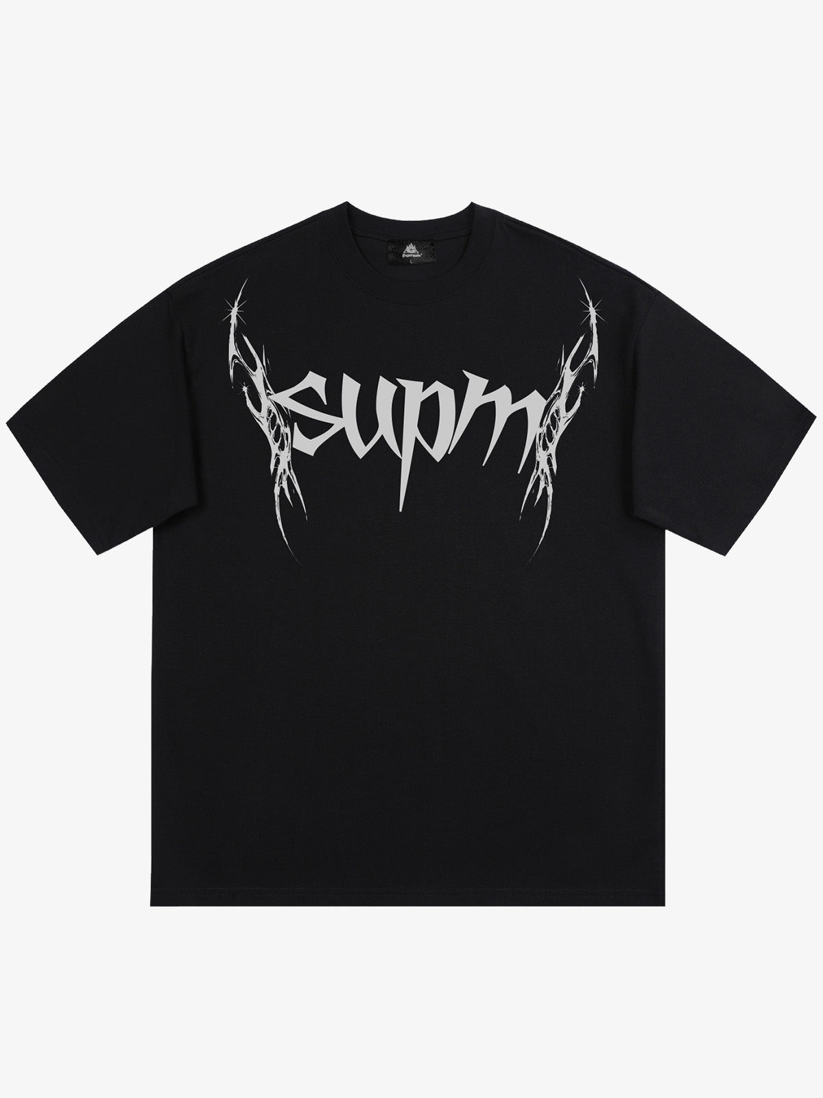 THE SUPERMADE Futuristic spiked pattern gothic style logo font design T-shirts 