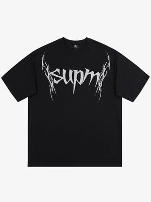 THE SUPERMADE Futuristic spiked pattern gothic style logo font design T-shirts 