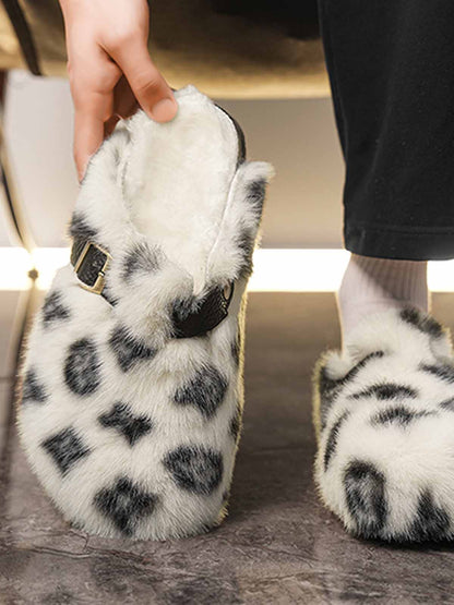 Abstract Spotted Faux Fur Buckle Clogs