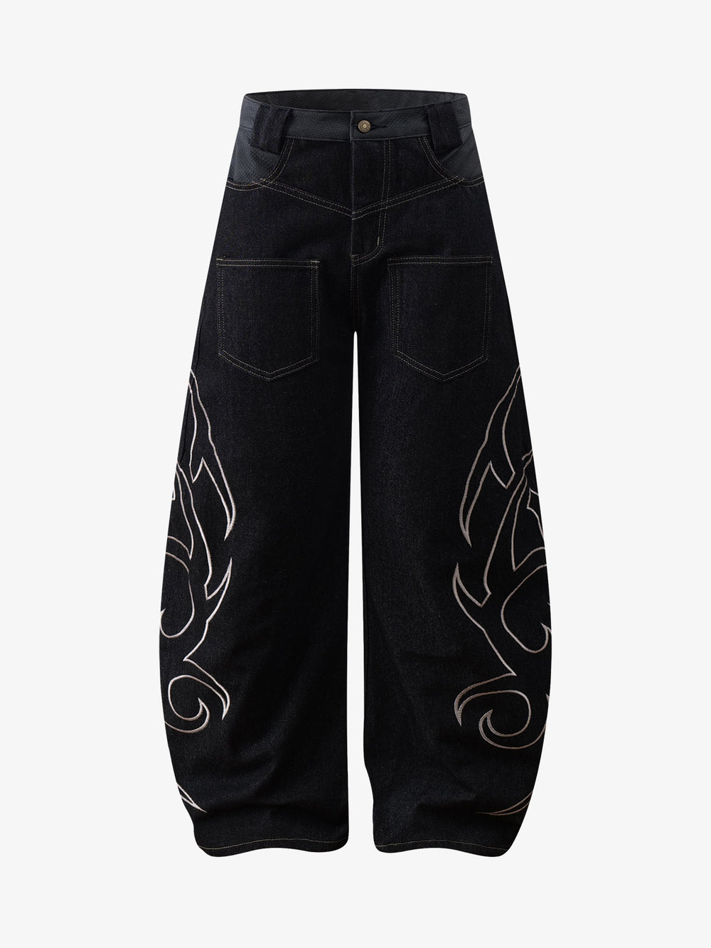 Thorn Pattern Embroidery Barrel Baggy Jeans