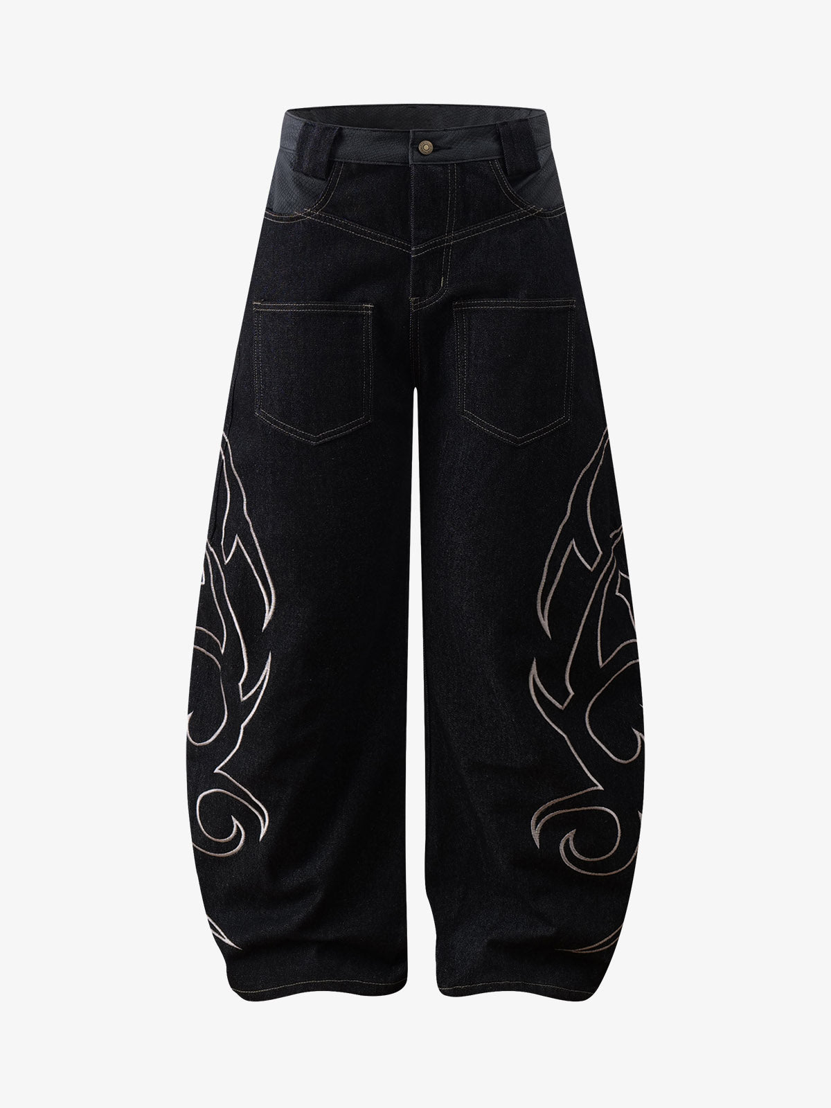 Thorn Pattern Embroidery Barrel Baggy Jeans