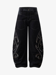 Thorn Pattern Embroidery Barrel Baggy Jeans