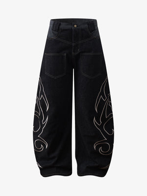 Thorn Pattern Embroidery Barrel Baggy Jeans
