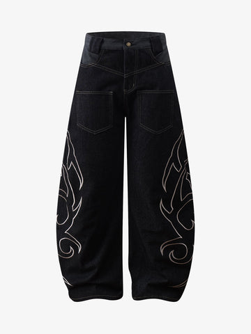 Thorn Pattern Embroidery Barrel Baggy Jeans