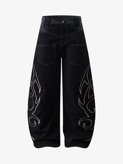 Thorn Pattern Embroidery Barrel Baggy Jeans