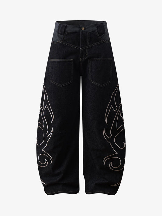 Thorn Pattern Embroidery Barrel Baggy Jeans