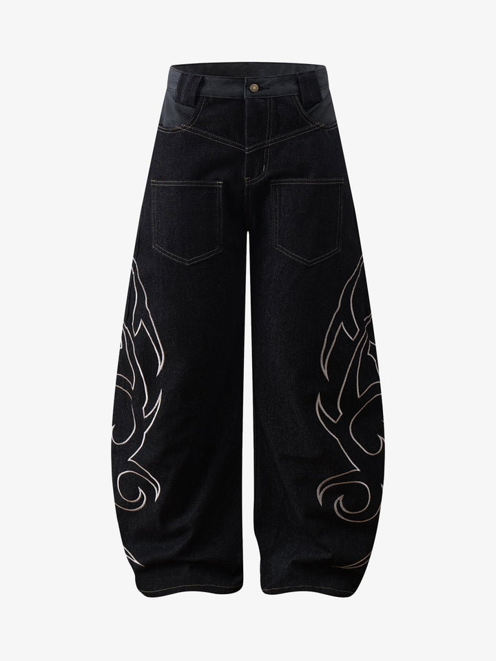 Thorn Pattern Embroidery Barrel Baggy Jeans