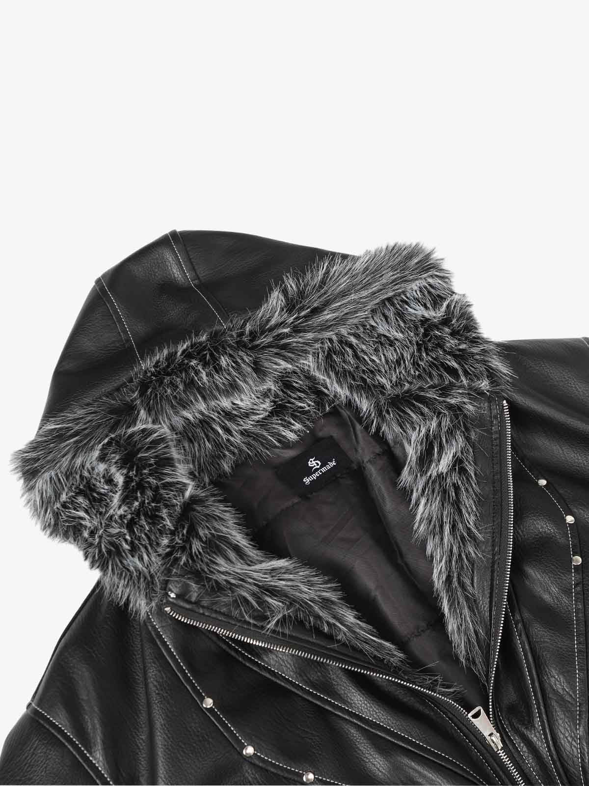 Mountain Eagle Fur-Collar Patchwork Faux Leather Jacket