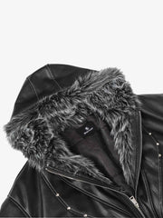 Mountain Eagle Fur-Collar Patchwork Faux Leather Jacket