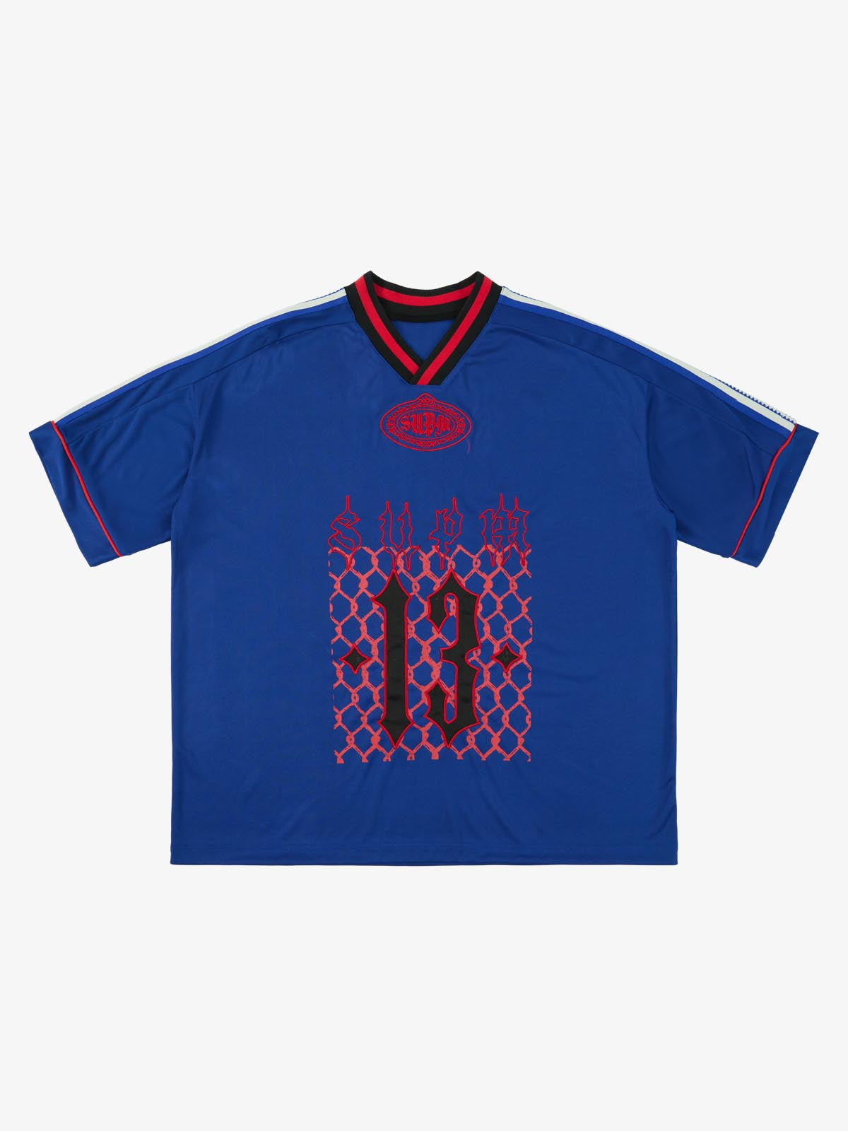 Supermade Color-Blocked V-Neck Embroidered Jersey Short-Sleeved 