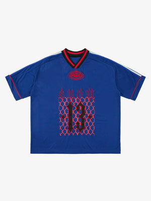 Supermade Color-Blocked V-Neck Embroidered Jersey Short-Sleeved 