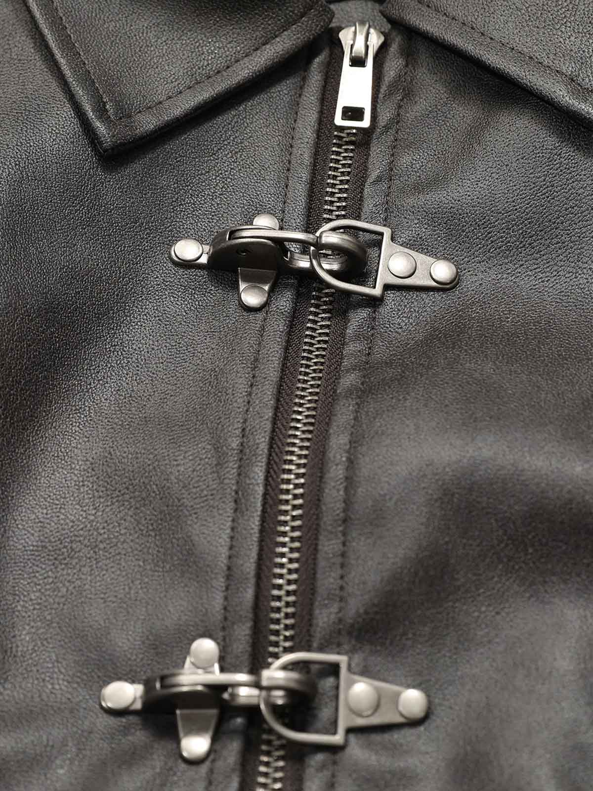 Metal Button Cropped Leather Bomber Jacket