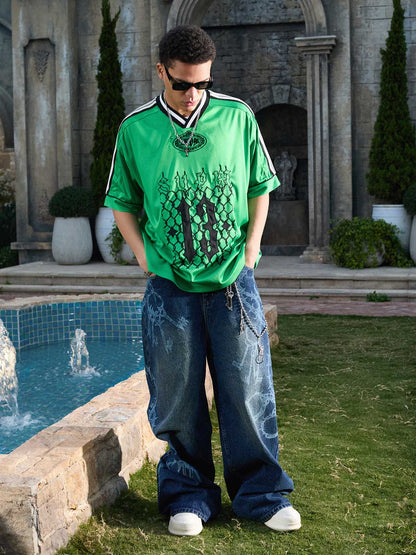 Supermade Color-Blocked V-Neck Embroidered Jersey Short-Sleeved 