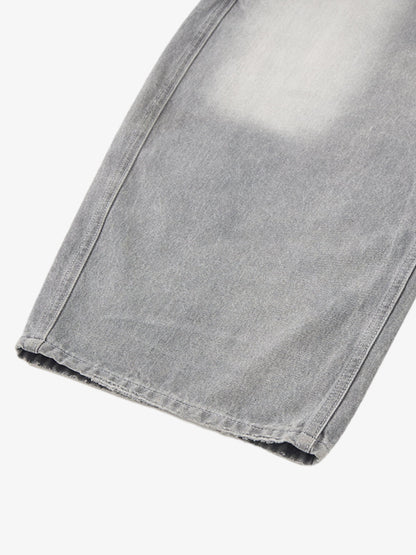 Retro Washed Distressed Curved Blade Wide-Leg Jeans 