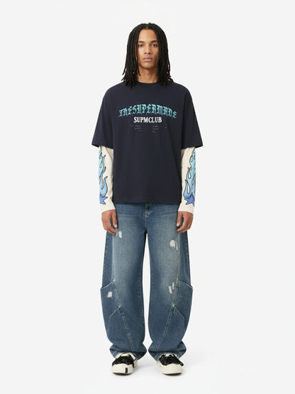 Gradient Letter Print Patchwork Faux Two-Piece Long-Sleeved T-Shirt 