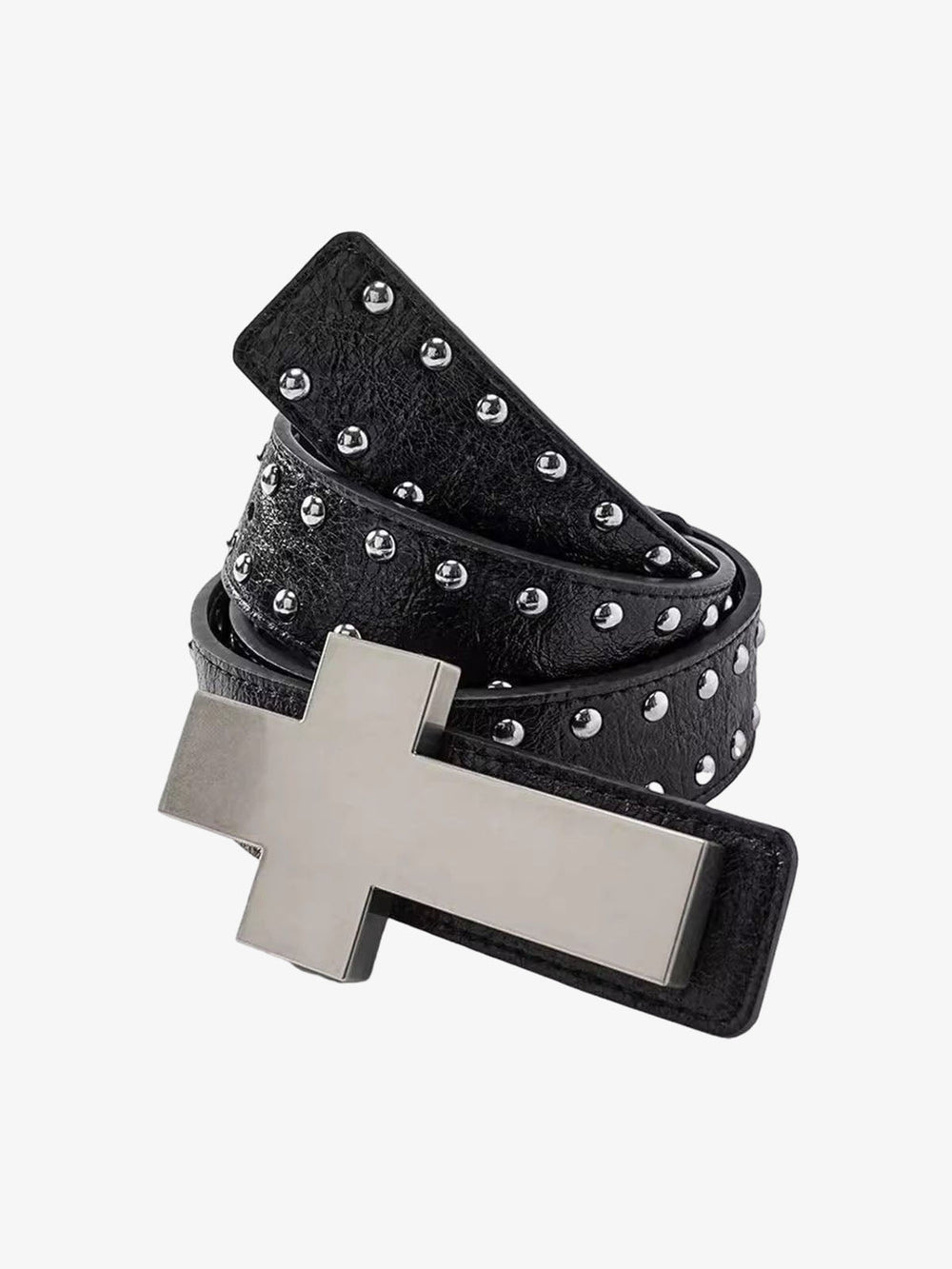 Cross Buckle Studded Black Leather Belt 