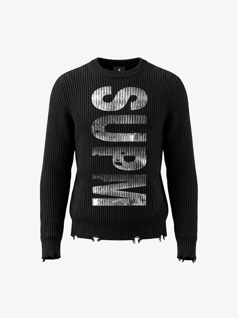 Silver Foil Letter Graphic Distressed Knit Sweater