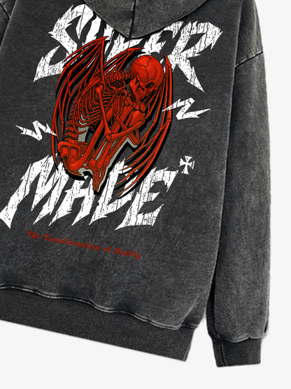 Distressed Graphic Hoodie with Bold Demon Design for Men 