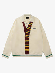 Retro Striped Contrast Panel Button-Up Collar Sweater 
