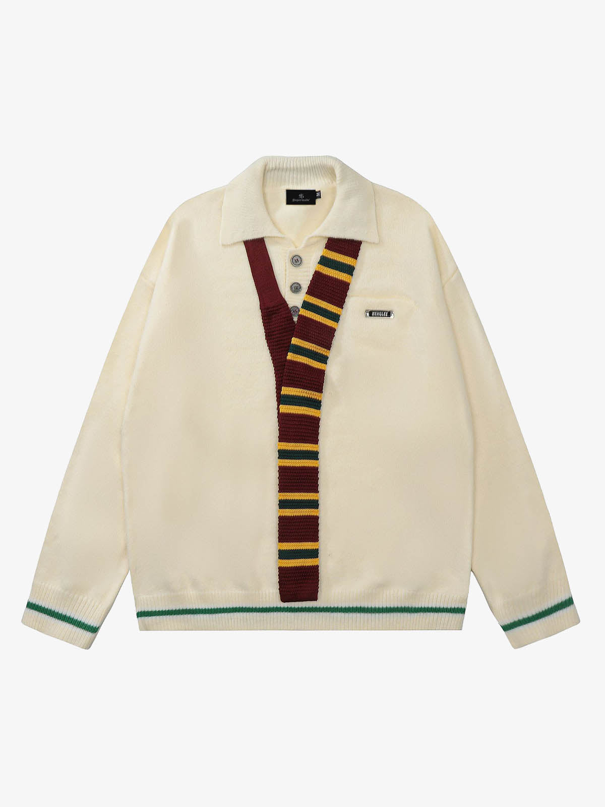 Retro Striped Contrast Panel Button-Up Collar Sweater 