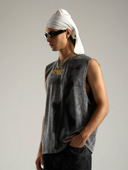 Cross-Print Distressed Washed Vest 