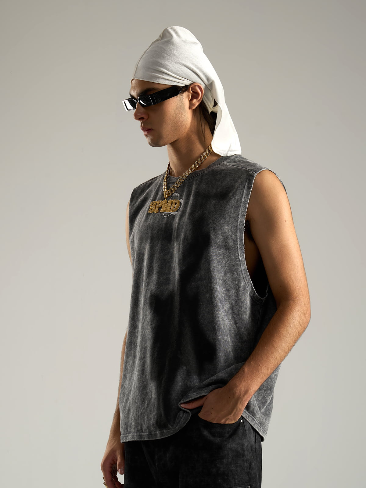 Cross-Print Distressed Washed Vest 