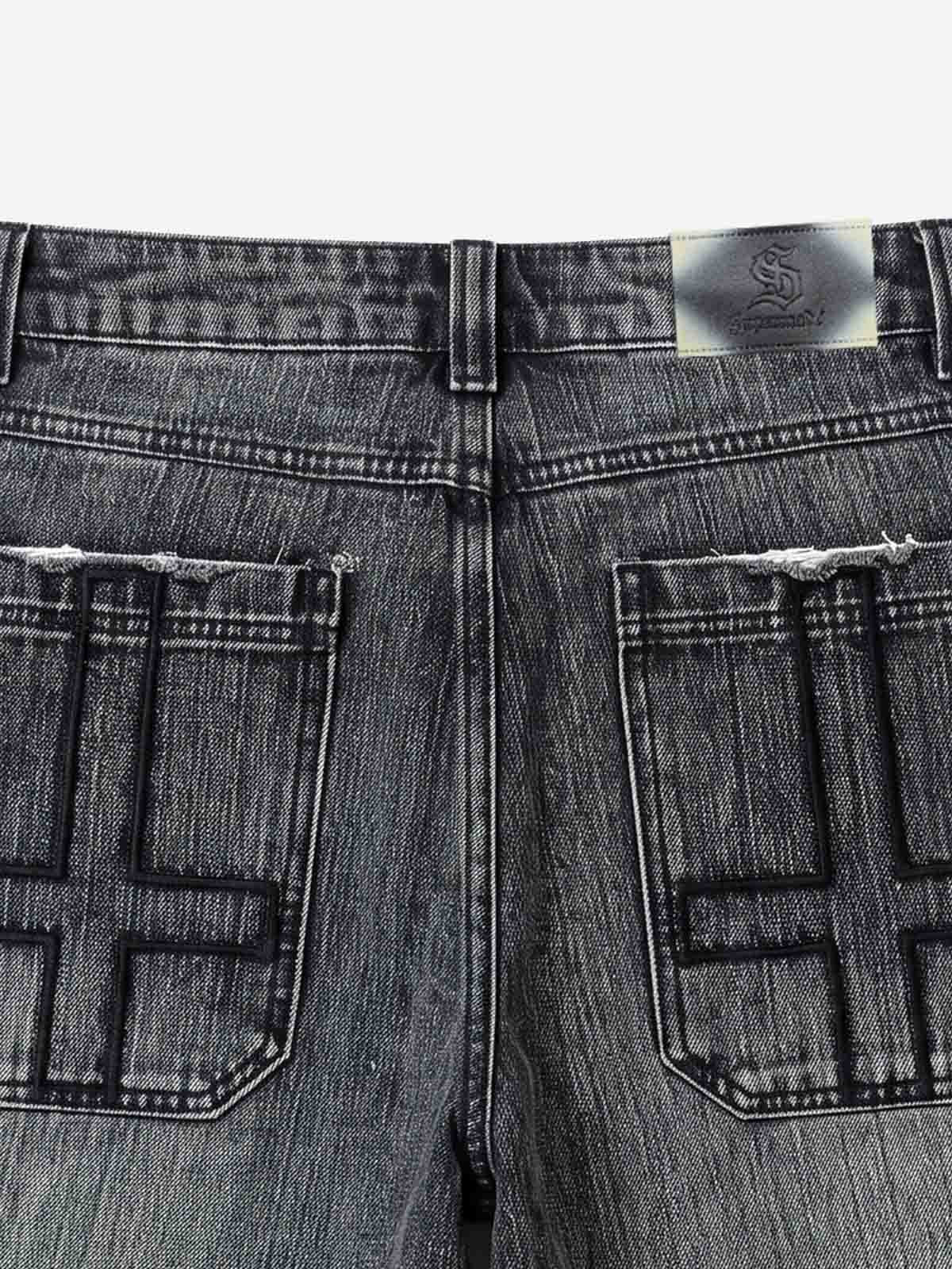 Ripped Letter Wide-Leg Denim Shorts