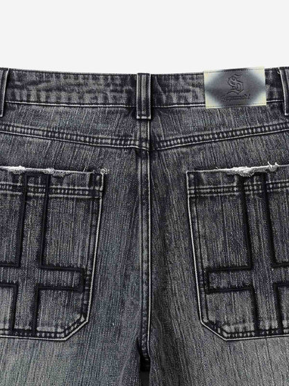 Ripped Letter Wide-Leg Denim Shorts
