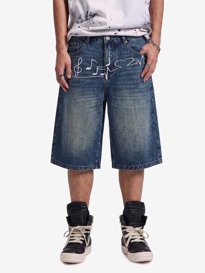 Music Print Denim Shorts with Embroidered Notes