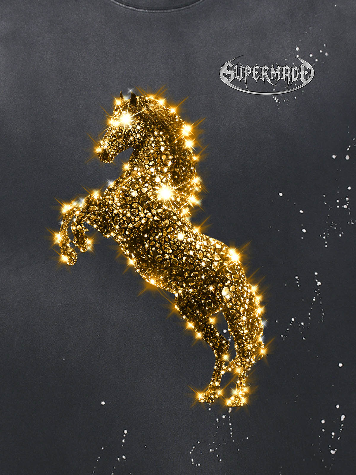 Unisex Washed Ink Blending Dual Color Cotton Horse Year Embroidered Diamond Horse Element Pattern Short-Sleeve T-Shirt 