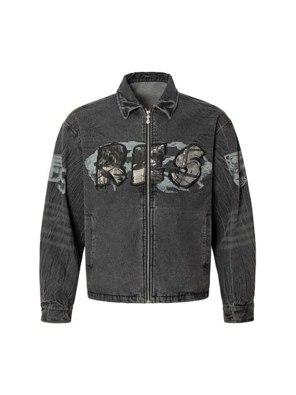 Wasteland Embroidered Print Rivet Denim Jacket 