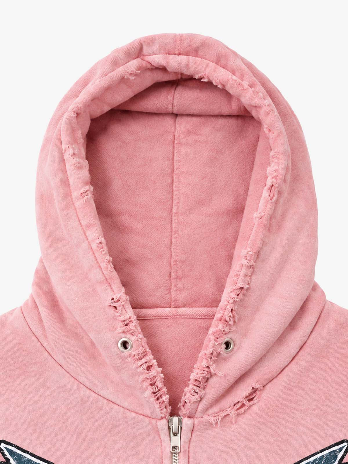 Distressed Graphic Appliqué Patch Boxy Zip Hoodie