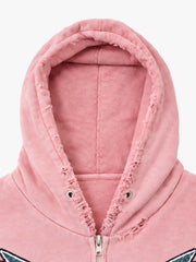 Distressed Graphic Appliqué Patch Boxy Zip Hoodie