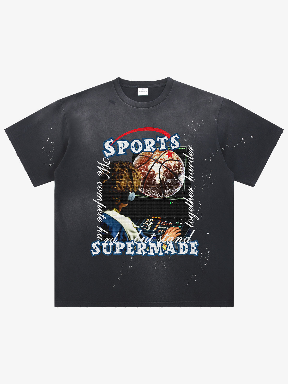 thesupermade-"Retro Basketball Radio" "Sports Know No Borders" Graphic Tee-Retro Ink Splash Streetwear Oversized T-Shirt 