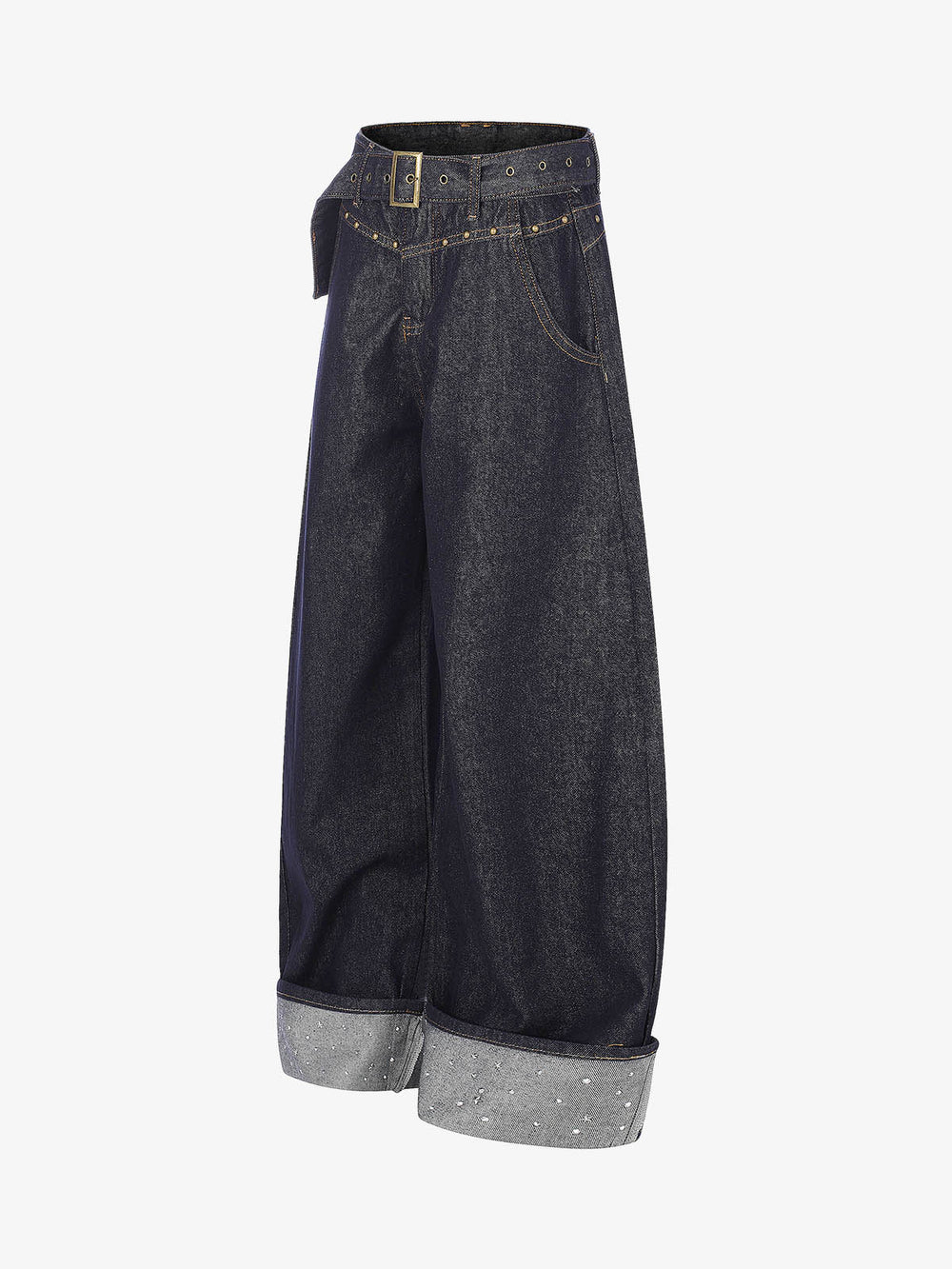 Jean baggy à revers en denim brut Thesupermade avec strass