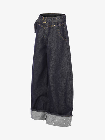 Thesupermade Raw Denim Rhinestone Turn-up Baggy Jeans