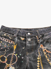 3D Chain Key Print Jeans 