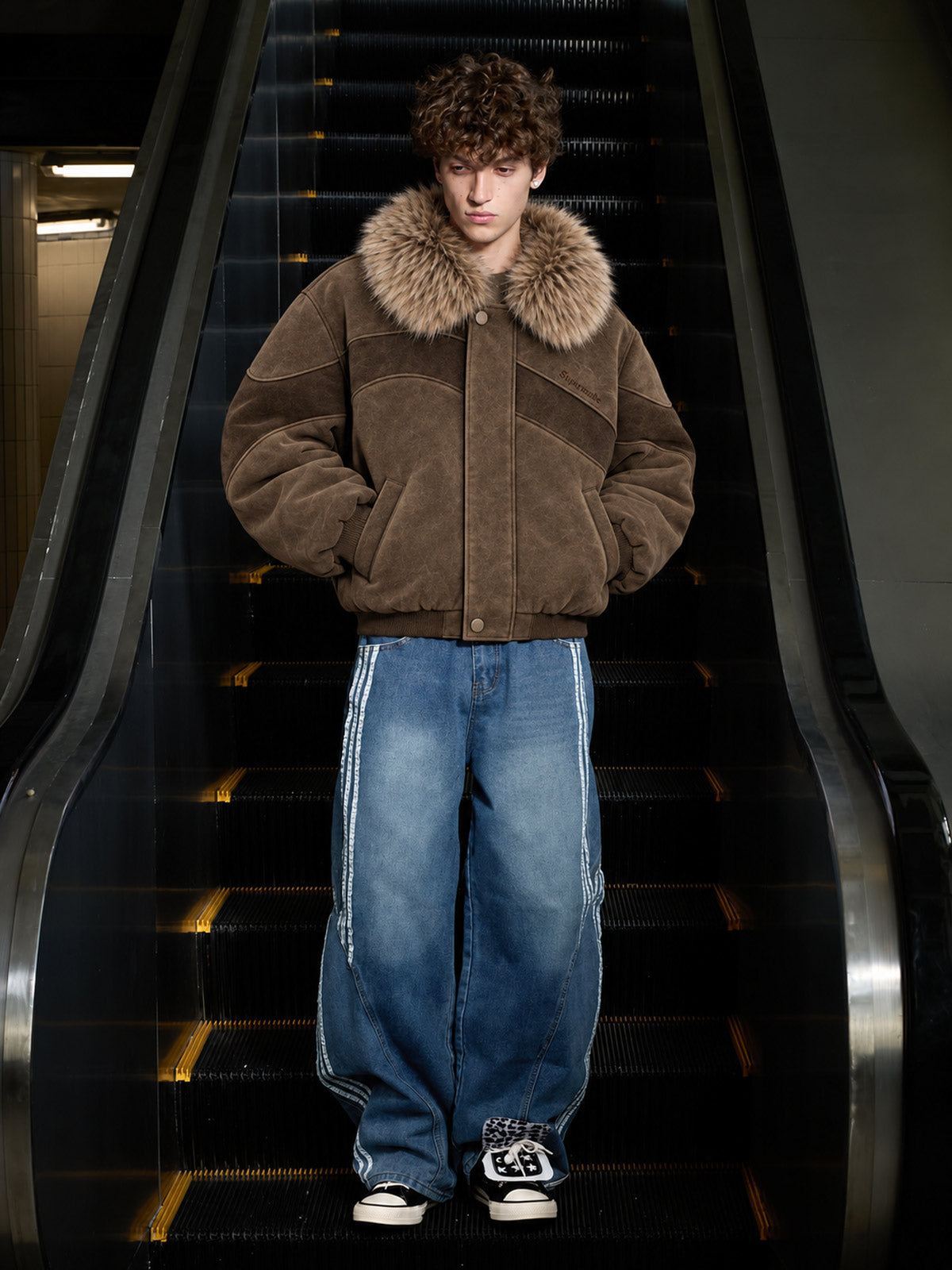 Faux-Fur Collar Suede-Effect Padded Coat