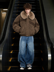 Faux-Fur Collar Suede-Effect Padded Coat