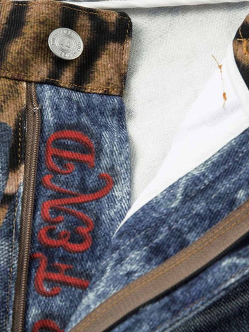 Vintage Washed Tiger Print Wide Leg Denim Jeans 