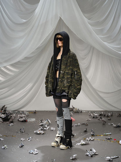 Camouflage Hooded Jacket with Distressed Details and Toggle Closure 