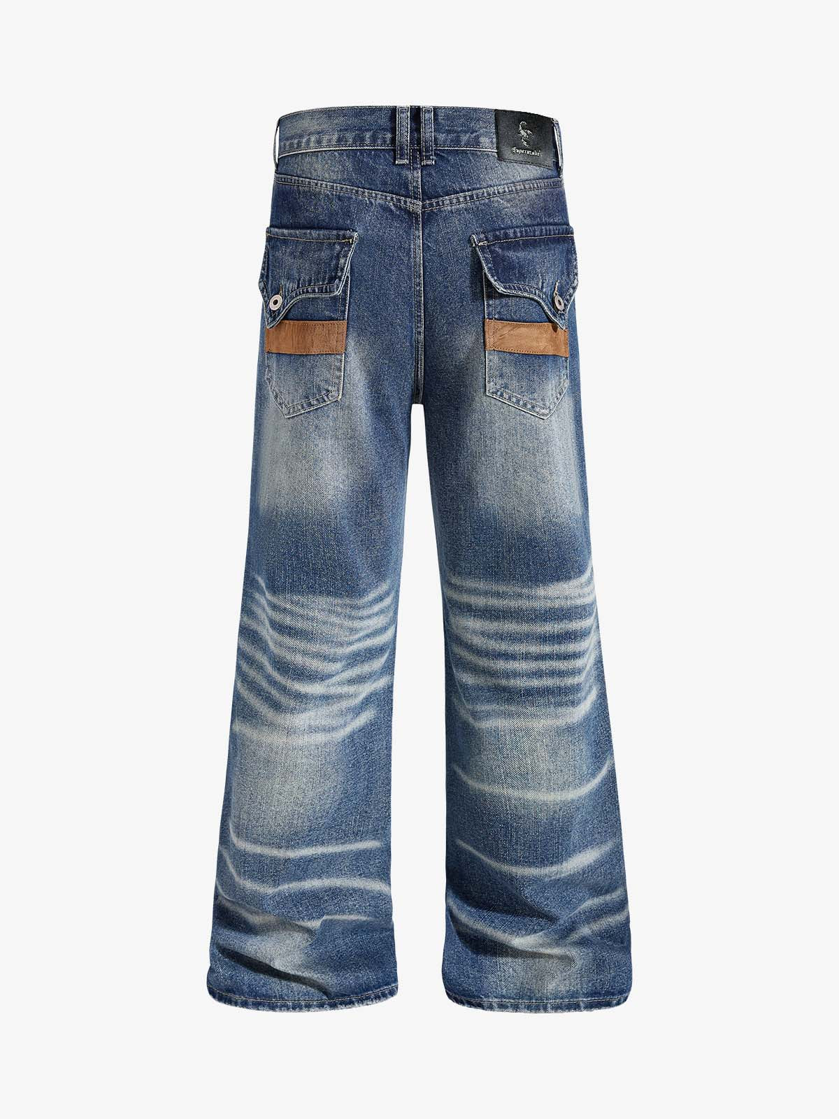 Street-style Distressed Washed Patchwork Suede Jeans