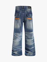 Street-style Distressed Washed Patchwork Suede Jeans