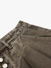 Multi-Button Pleated Curved-Leg Jeans