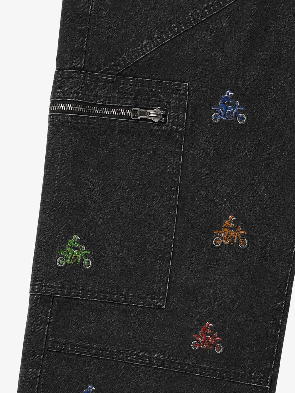 Racing Embroidered Washed Distressed Straight-Leg Jeans