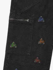 Racing Embroidered Washed Distressed Straight-Leg Jeans