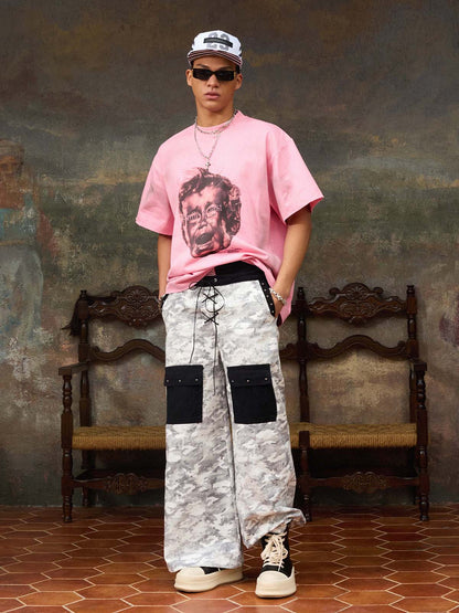 Cotton Blend Camouflage Wide Leg Pants with Drawstring Waist and Flag Patch 