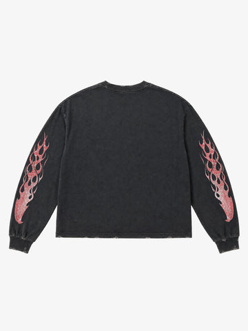 Skull Flame Checkerboard Graphic Washed Long Sleeve Tee
