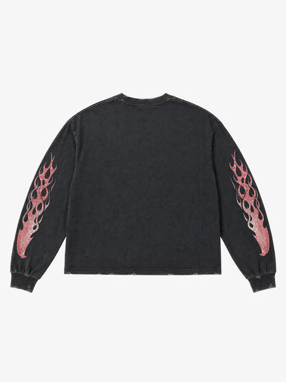 Skull Flame Checkerboard Graphic Washed Long Sleeve Tee
